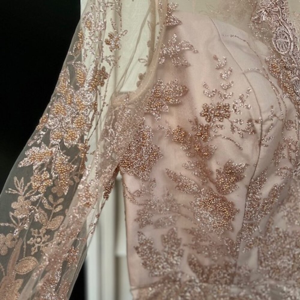 Champagne Rose Glitter Lace Applique Dress